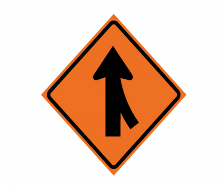 JBC roll up signage, merge left, image, non reflective orange