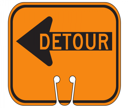 Top Sign for safety cones, orange. Left Detour