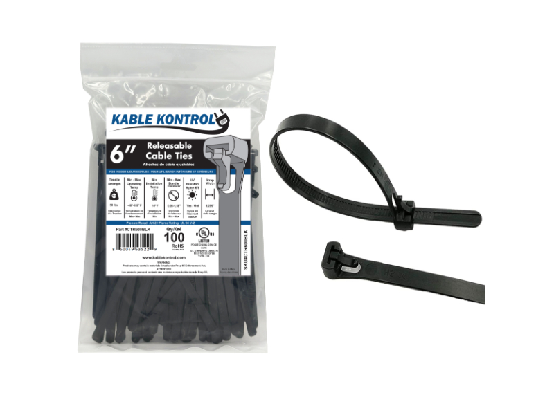 Kable Kontrol Releasable Reusable Zip Ties - 8 Long - 50 lbs Tensile Strength - 100 Pack - UV Black