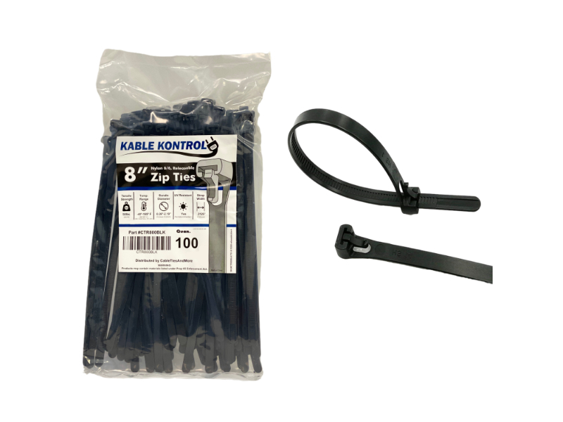 Kable Kontrol Releasable Reusable Zip Ties - 8 Long - 50 lbs Tensile Strength - 100 Pack - UV Black