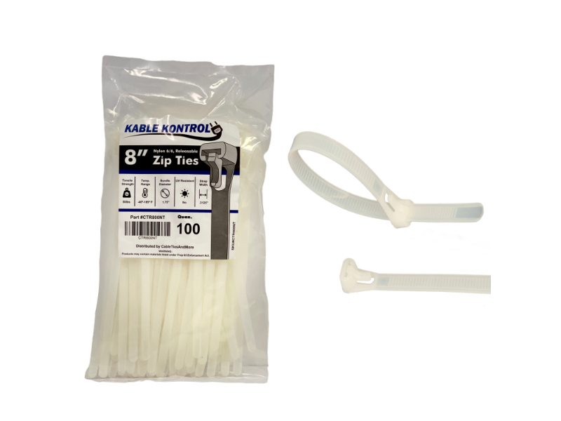 100 Pack Pcs White 8" Inch Wire Management Releasable Nylon Tie Cable Zip Ties 