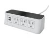 White with black top Burele table top power and data 3 ac power, 1 USB ports, and 72