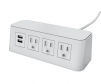 White with white top Burele table top power and data 3 ac power, 1 USB ports, and 72