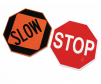 Cortina stop and slow hand held traffic sign with 18 - 24 inch plastic aluminum sign made with engineer grade high intensity prismatic diamond grade and no handle