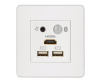 White mediahub mini with bluetooth audio, stereo jack, 2 USB charge port, and HDMI cable port