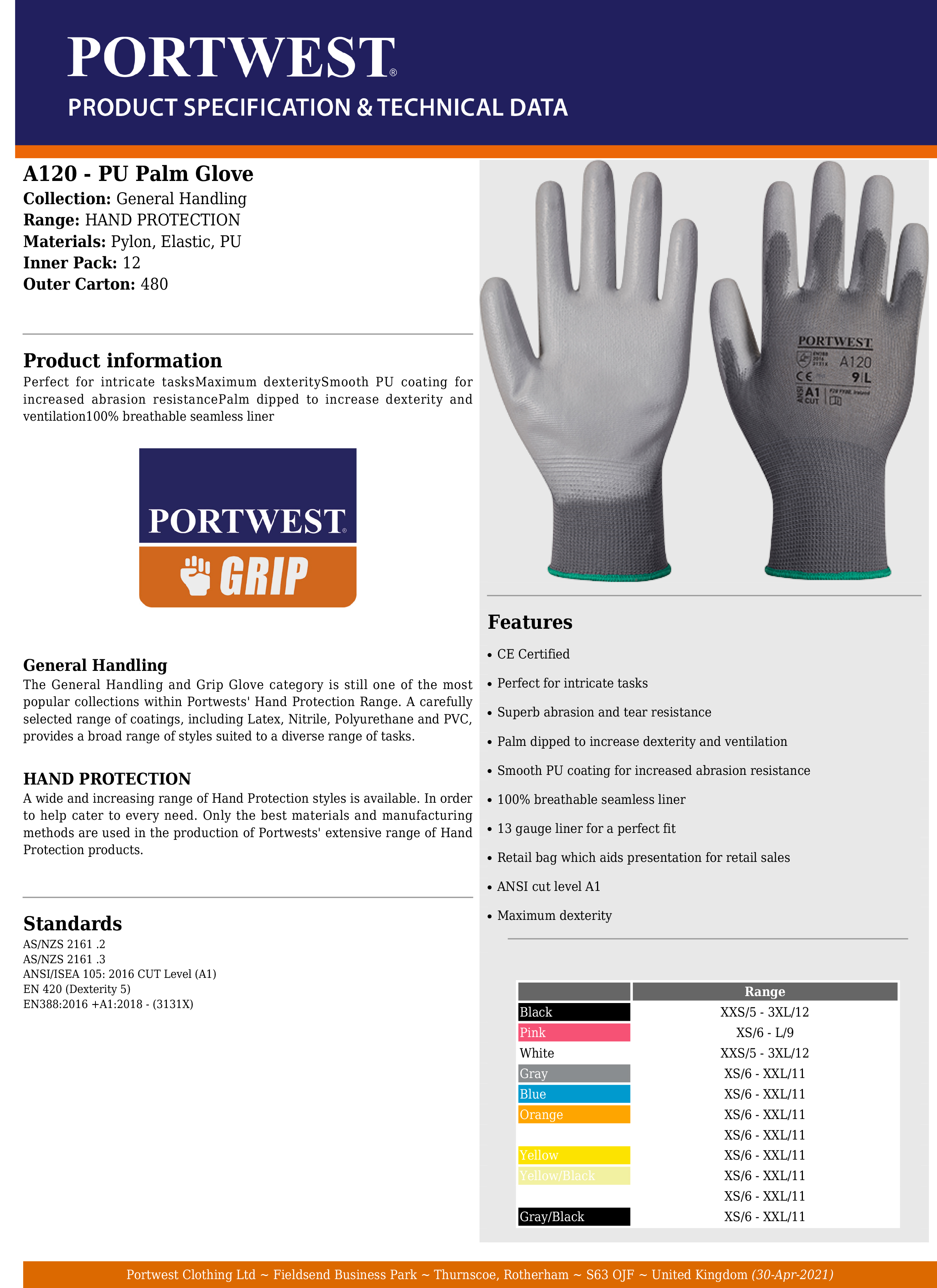 PORTWEST A120 PU Coated General Purpose Work Glove GREY Size XS 2XL 