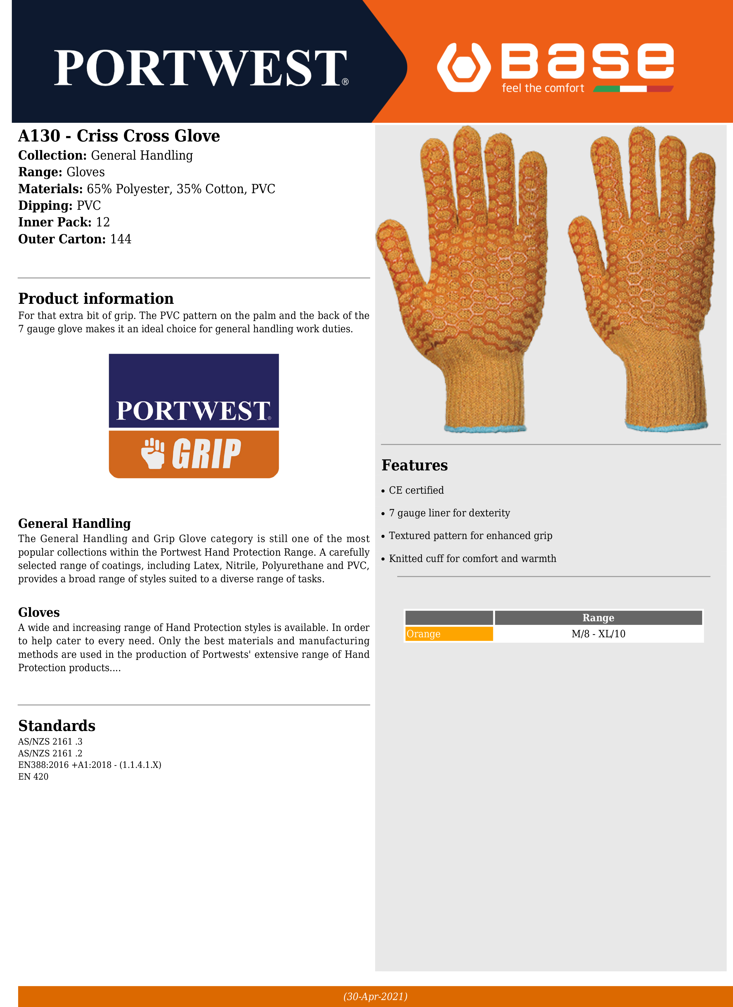 EN388 Portwest General Handling Criss Cross PVC Gripper Safety Gloves EN420 