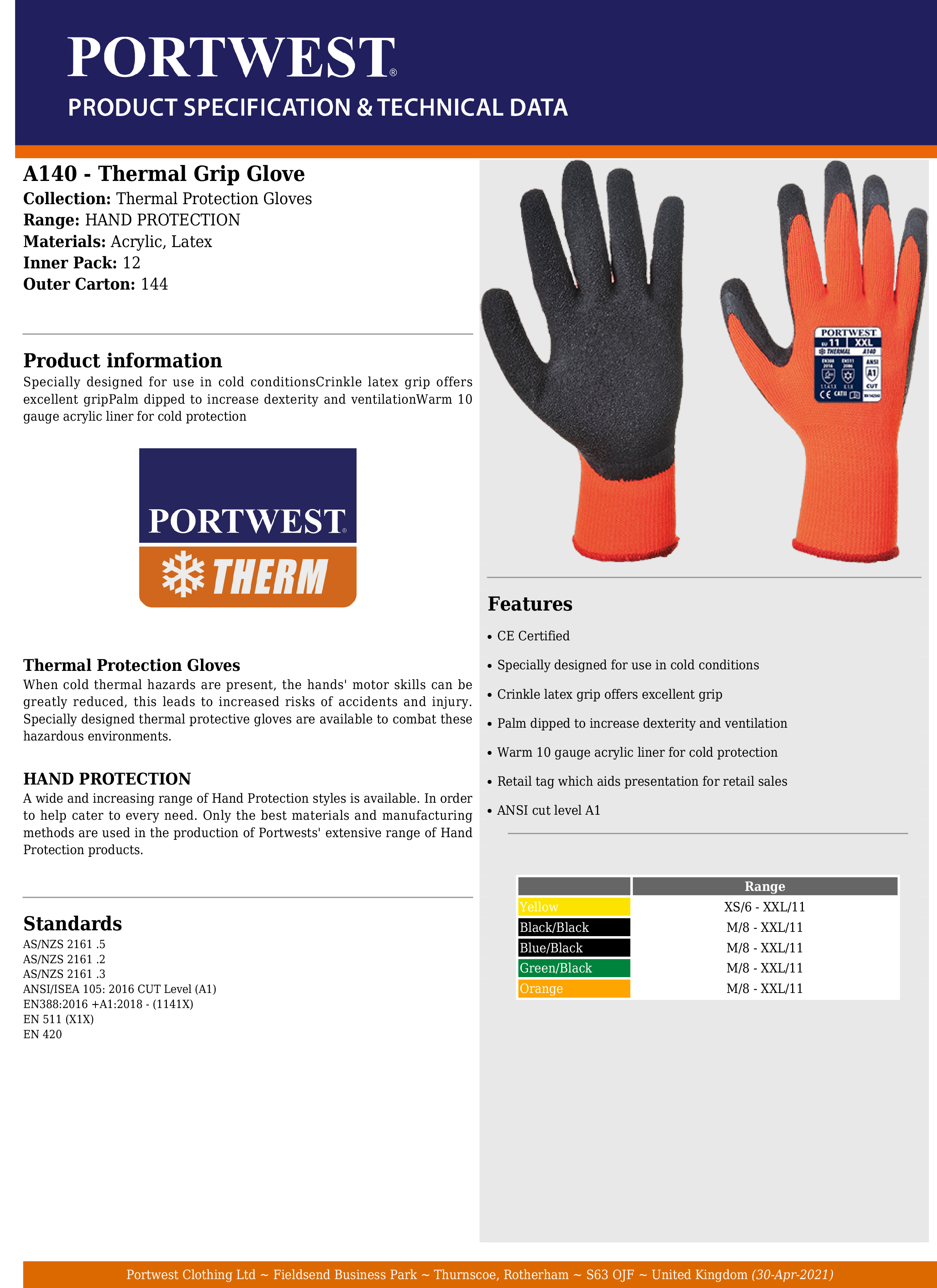 Portwest Thermal Grip Gloves A140