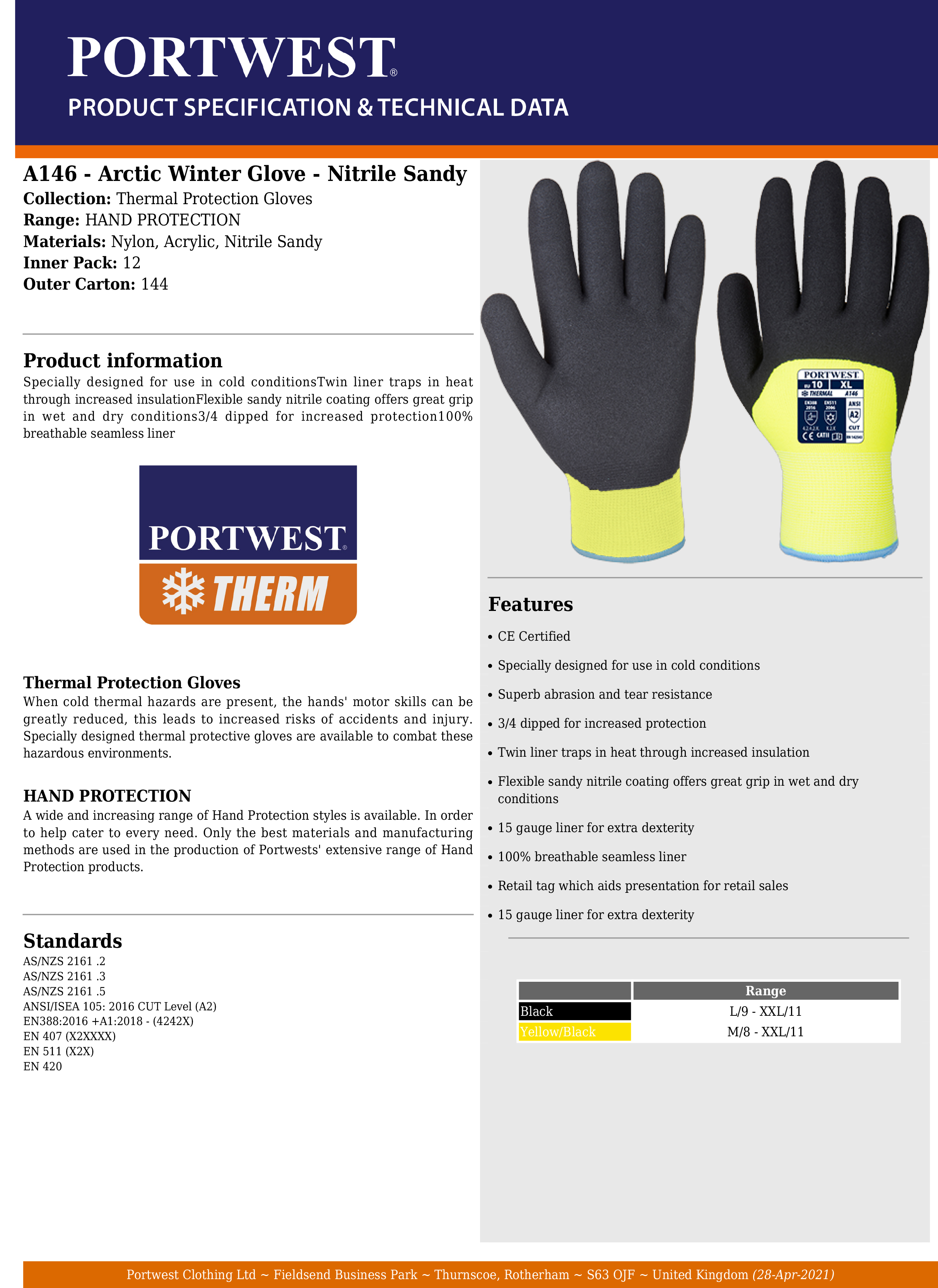 Portwest Arctic Winter Grip Glove - Nitrile Sandy - A146