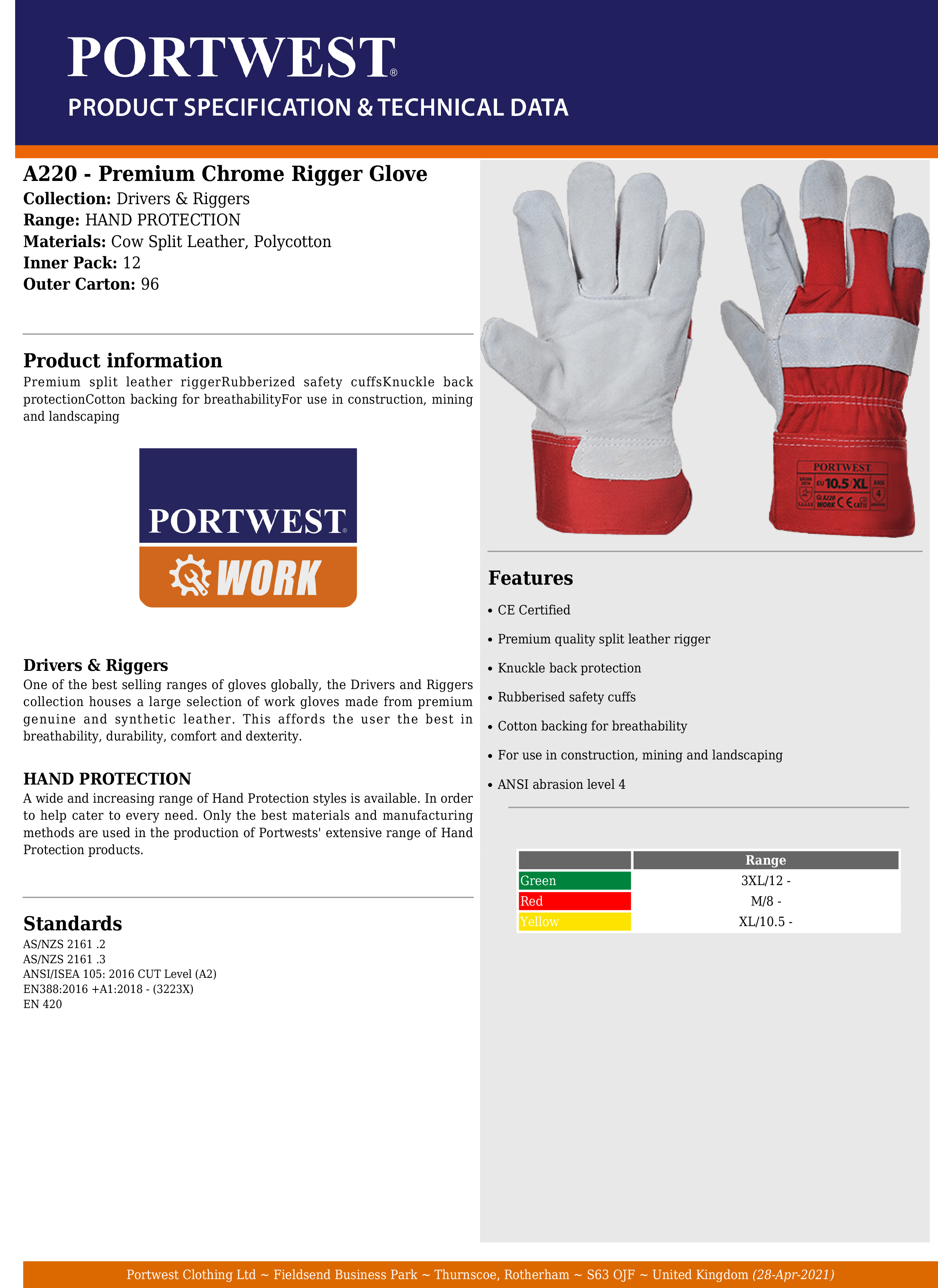 Portwest Premium Chrome Rigger Gloves A220 XL/10.5 by Portwest 