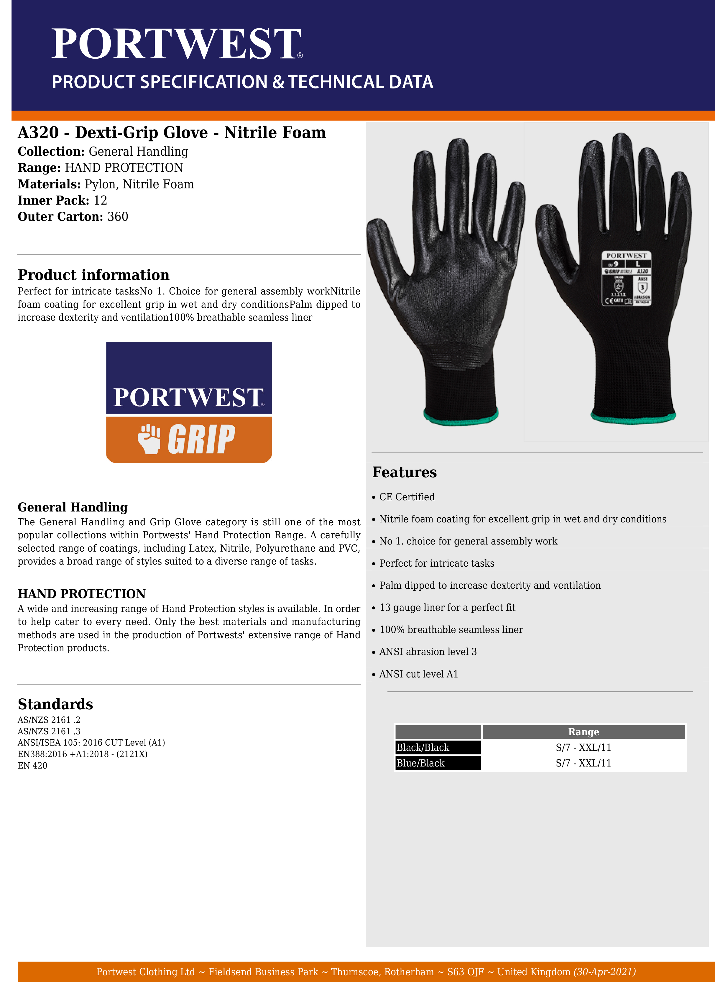 Portwest A320 Dexti-Grip Handling Work Glove with Ntrile Foam Coating Grip ANSI 