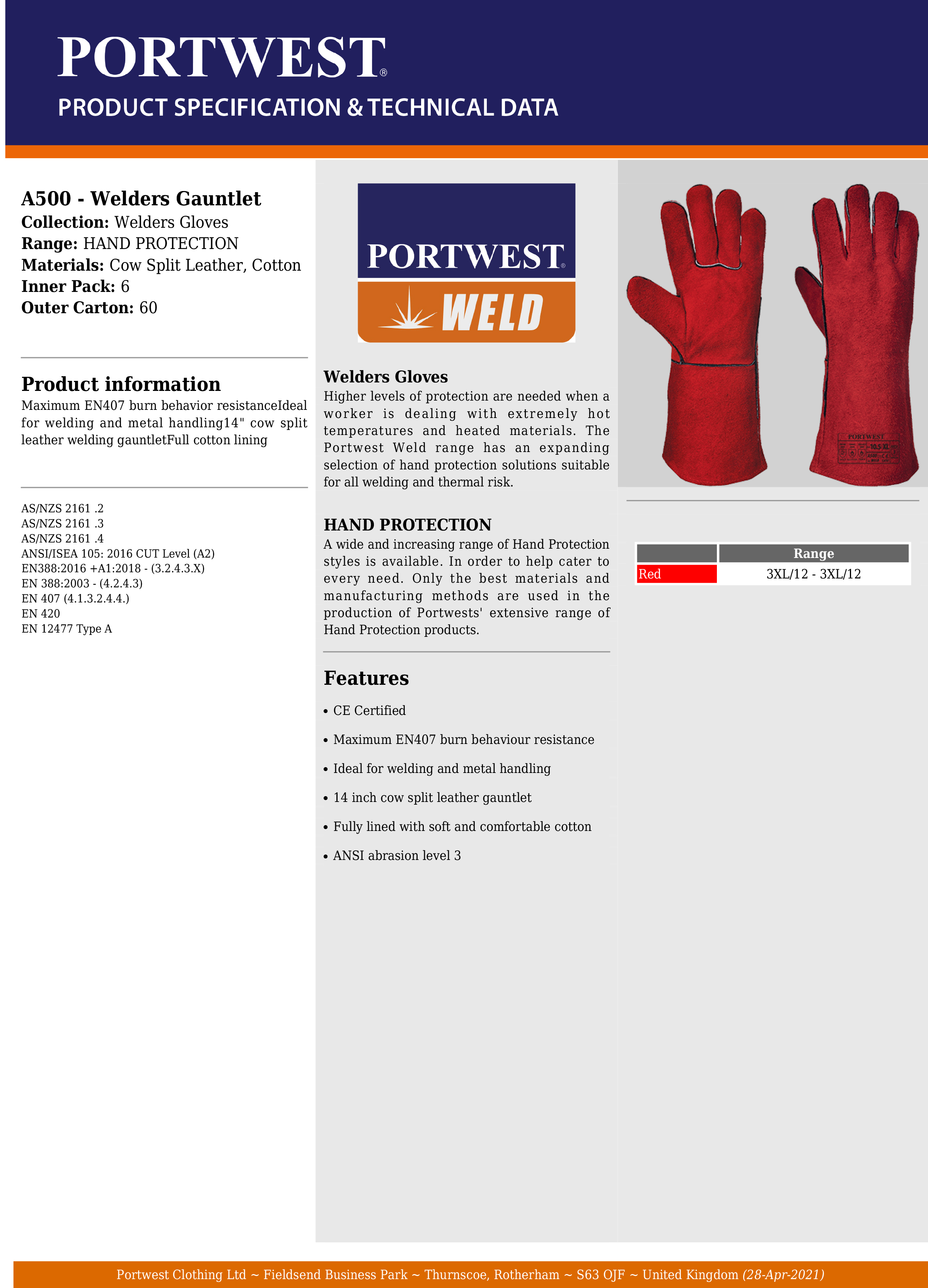 Portwest Brown X-Large 1 Pair Pack Reinforced Winter Welding Gauntlet Glove