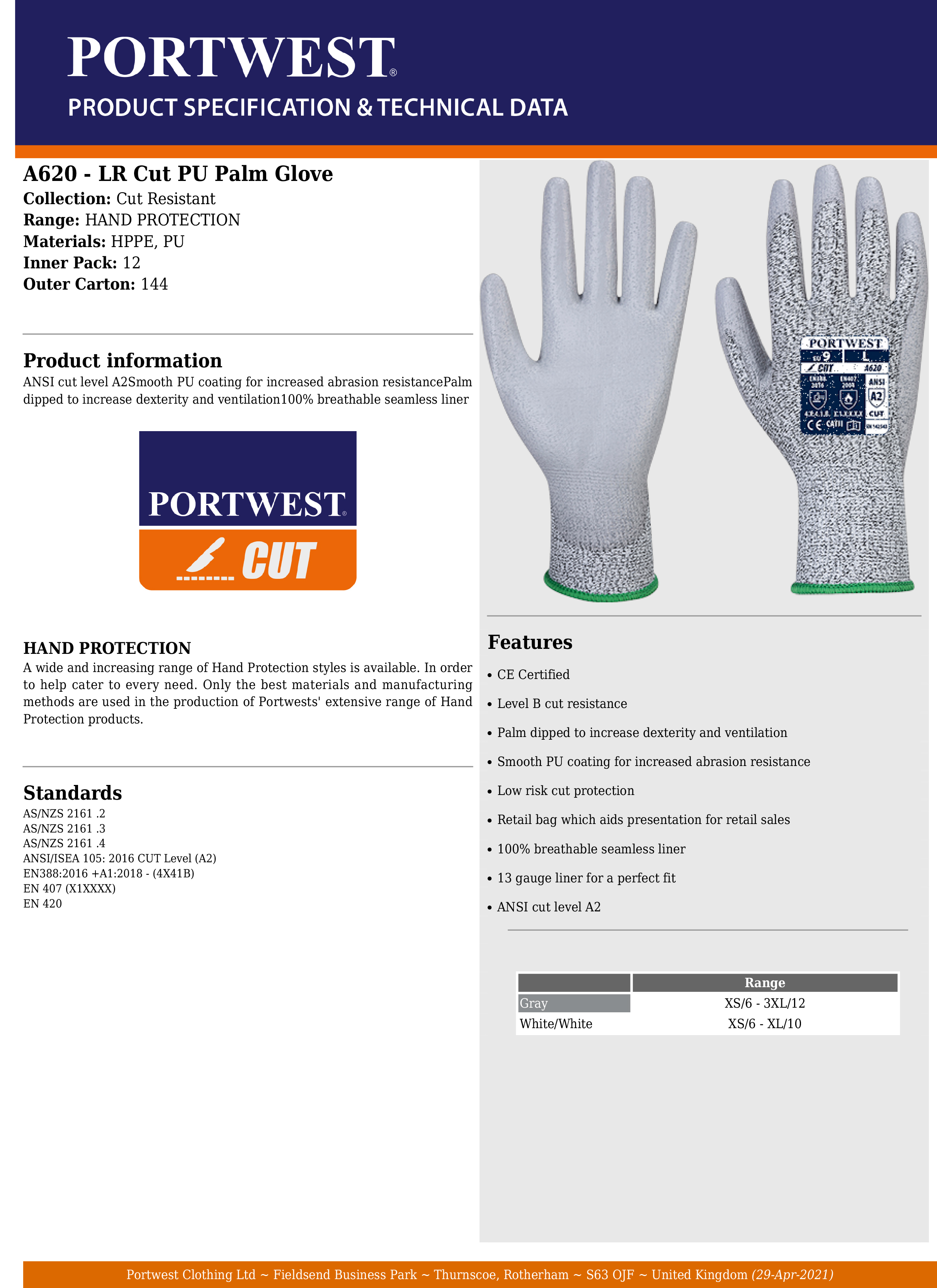 ANSI/ISEA 105-2016 A2 PU Coated CR Gloves