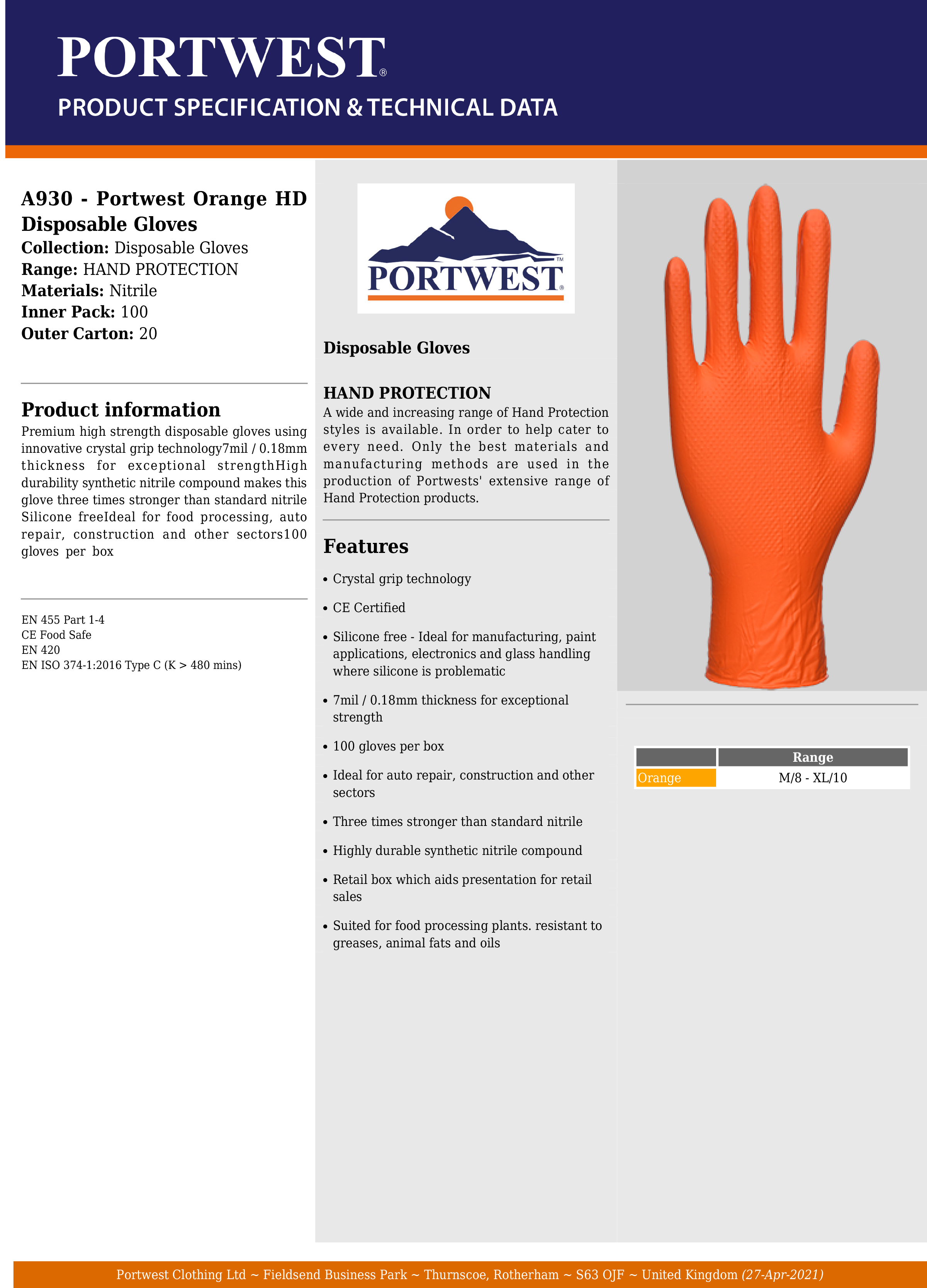 Portwest® A930 HD Disposable Gloves - 100pcs