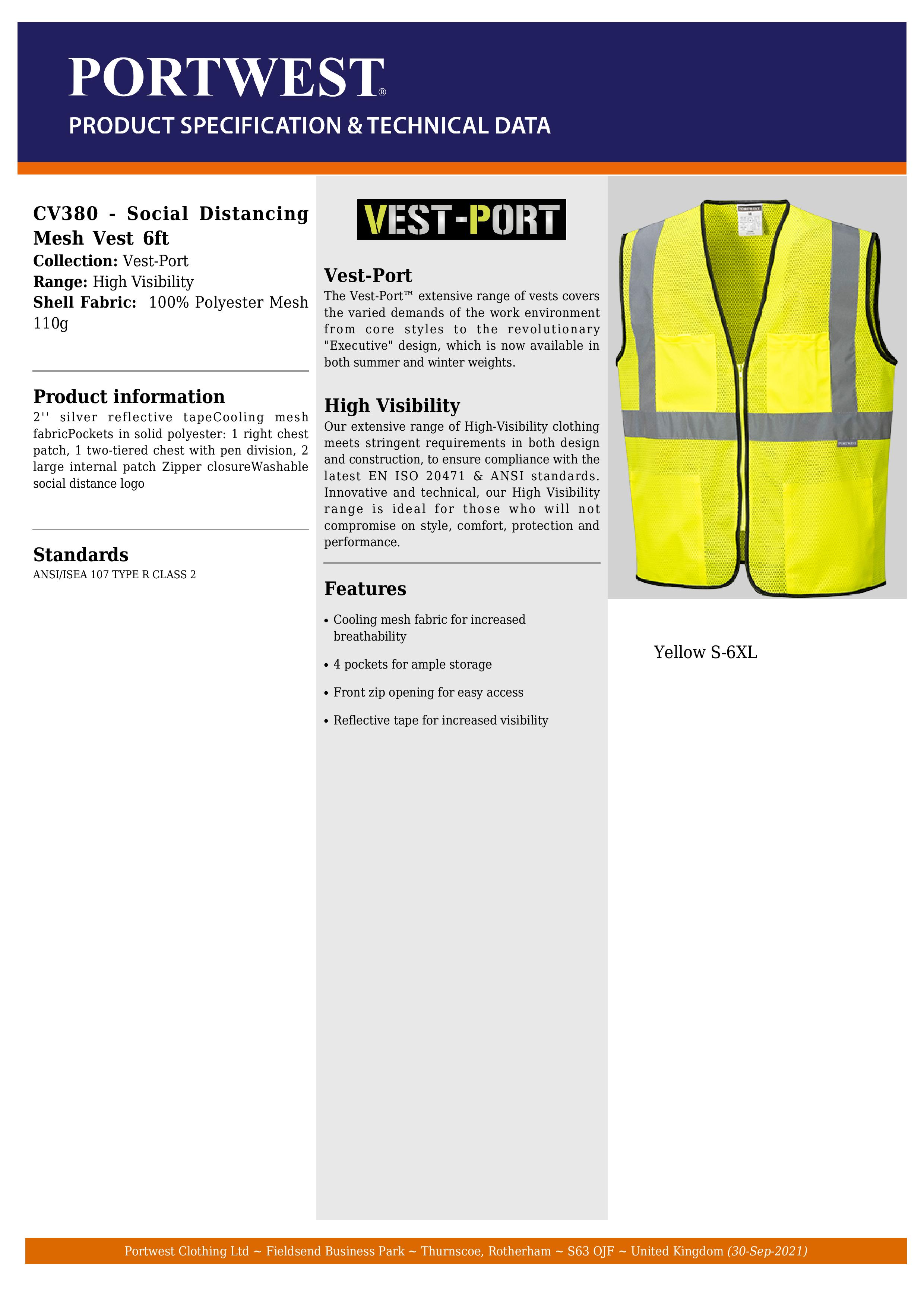 Portwest CV380 Hi-Vis Yellow ANSI Class 2 Social Distancing Mesh Vest 6ft New