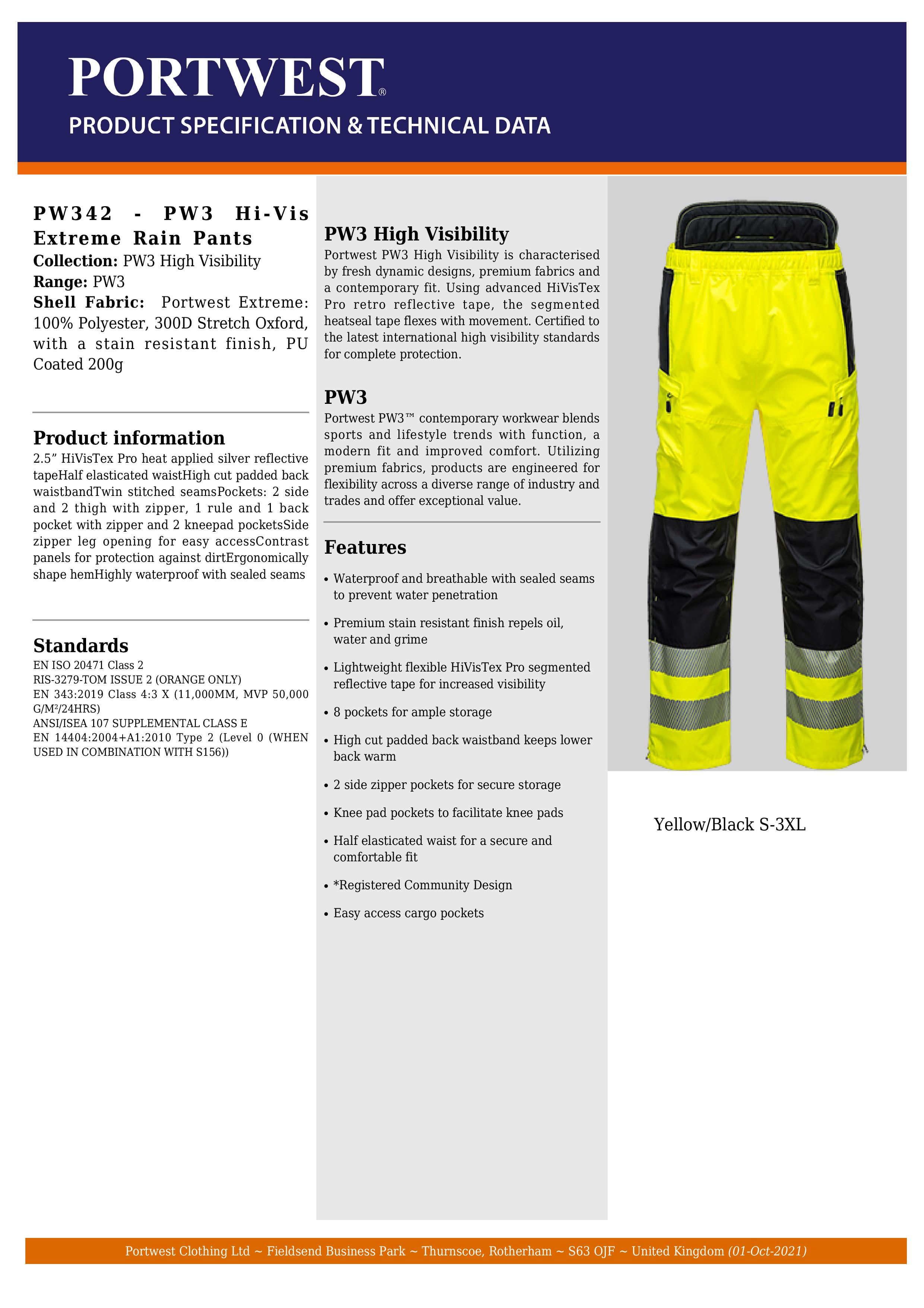 Portwest PW342 PW3 High Visability Extreme Trouser Waterproof Breathable 