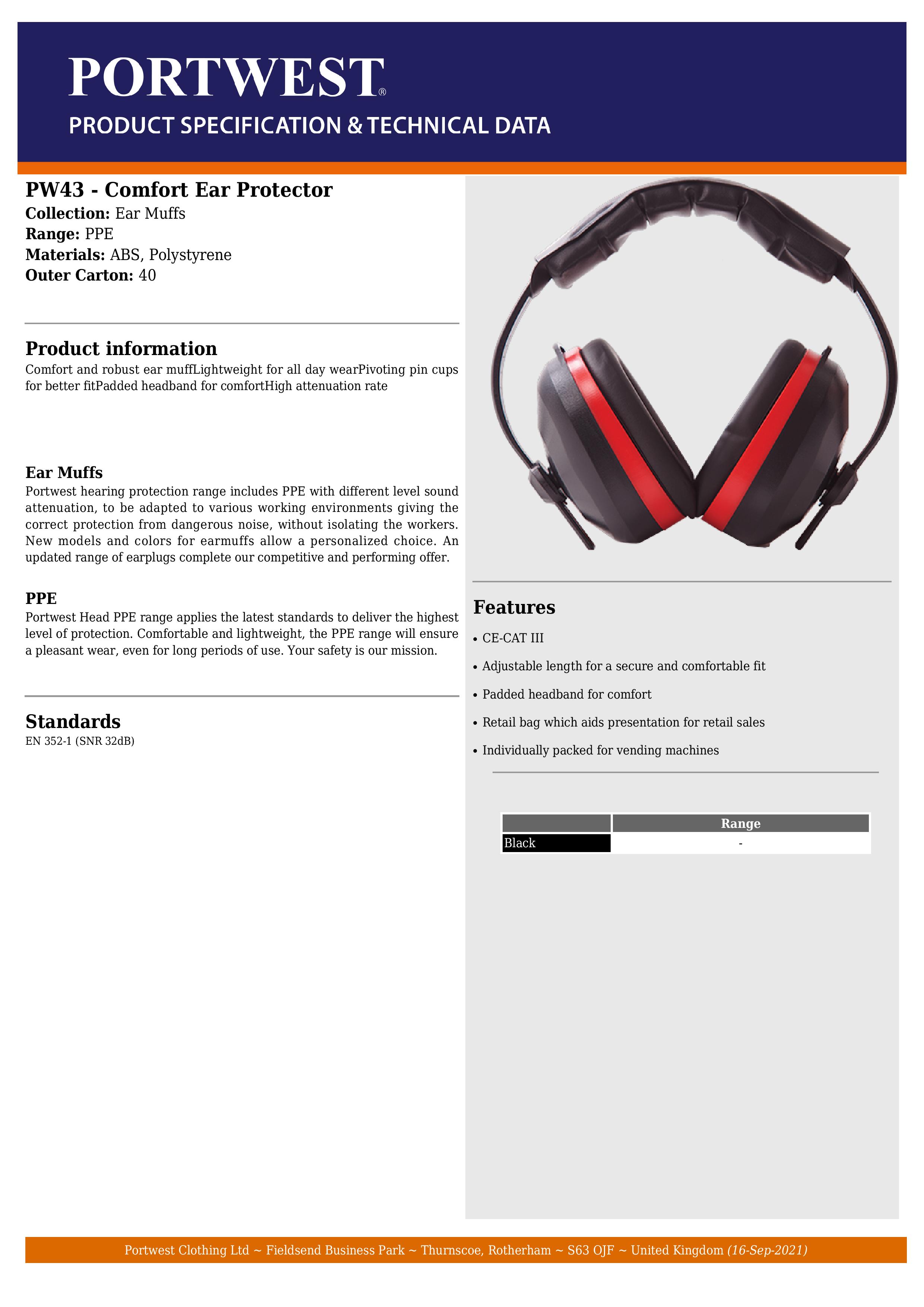 Portwest Pw43bkr Confort Ear Protector   Noir