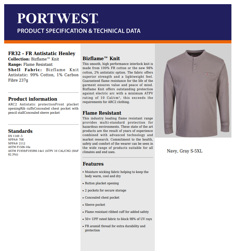 Portwest Flame Resistant Anti-Static Long Sleeve T-Shirt FR11 