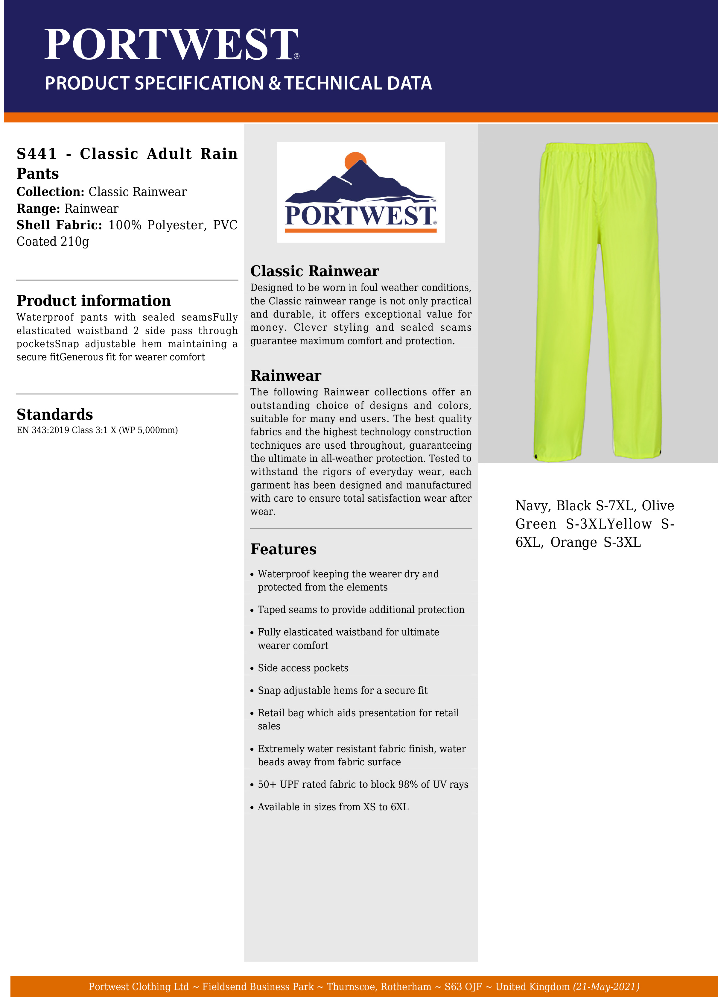 Portwest rain pants on sale