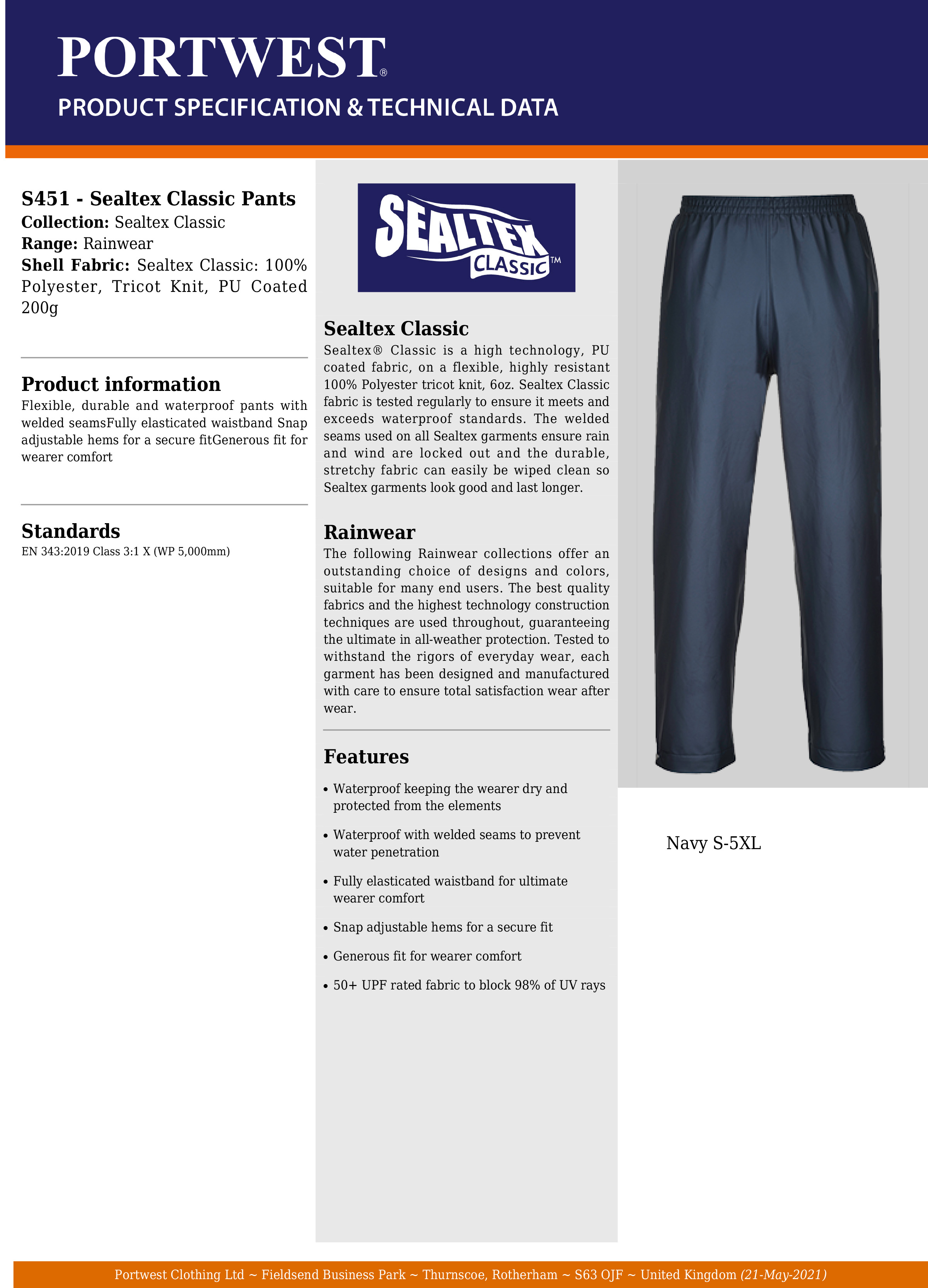 PORTWEST S451 SEALTEX classic elasticated rain trousers all colours size S-5XL 