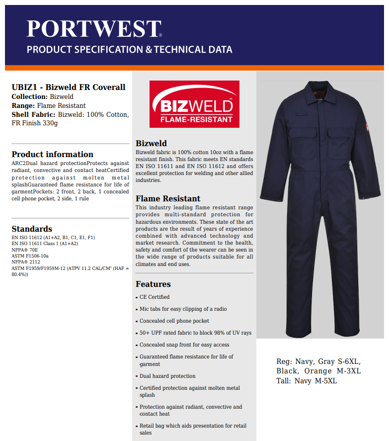 Veste de soudeur Norme EN ISO 11611-11612 de chez Portwest