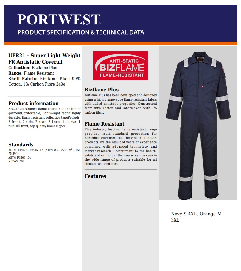 Portwest® Super Light Weight FR Anti-Static Coverall - UFR21