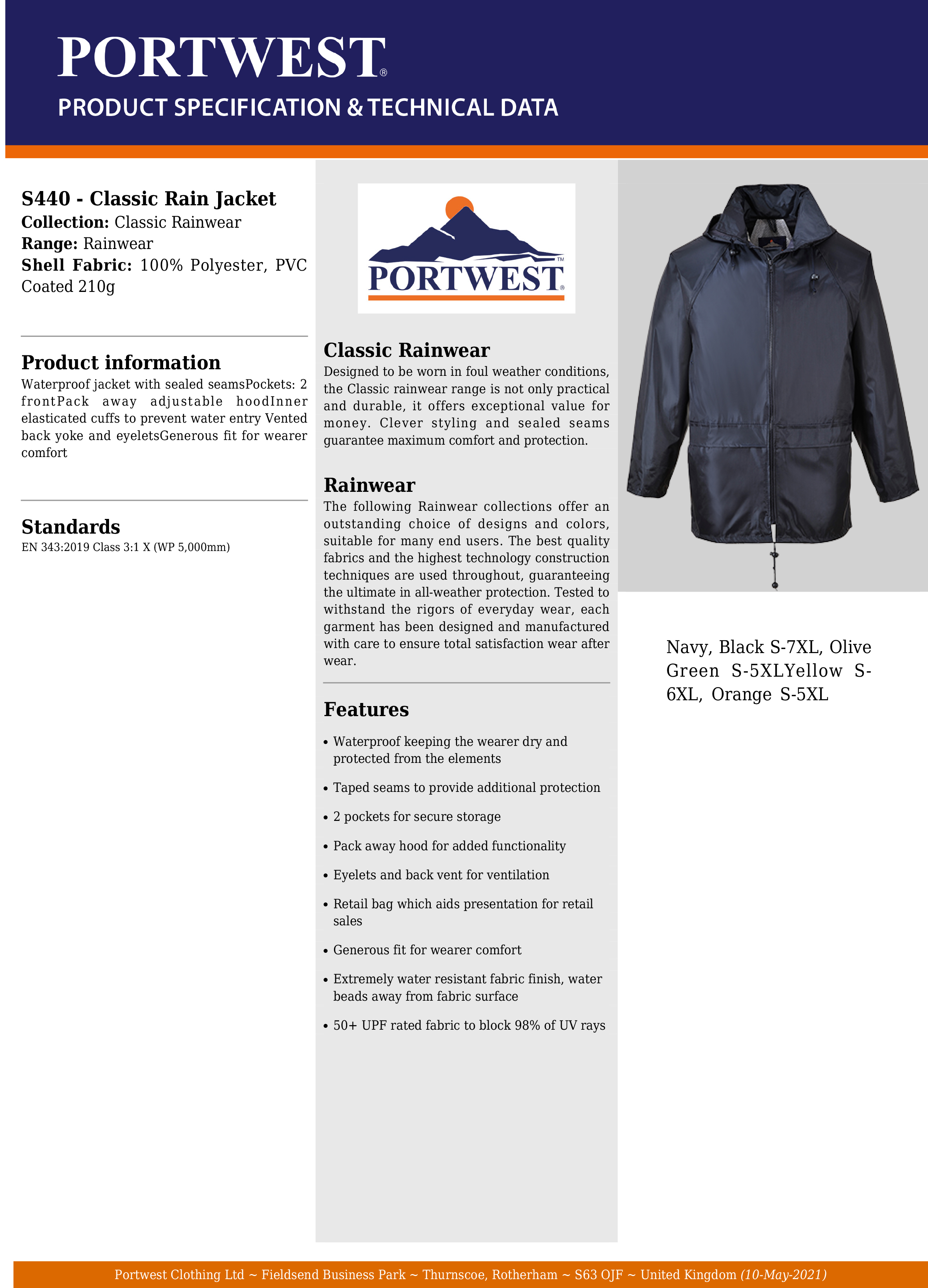 Portwest Classic Rain Jacket US440 Polyester Raincoat