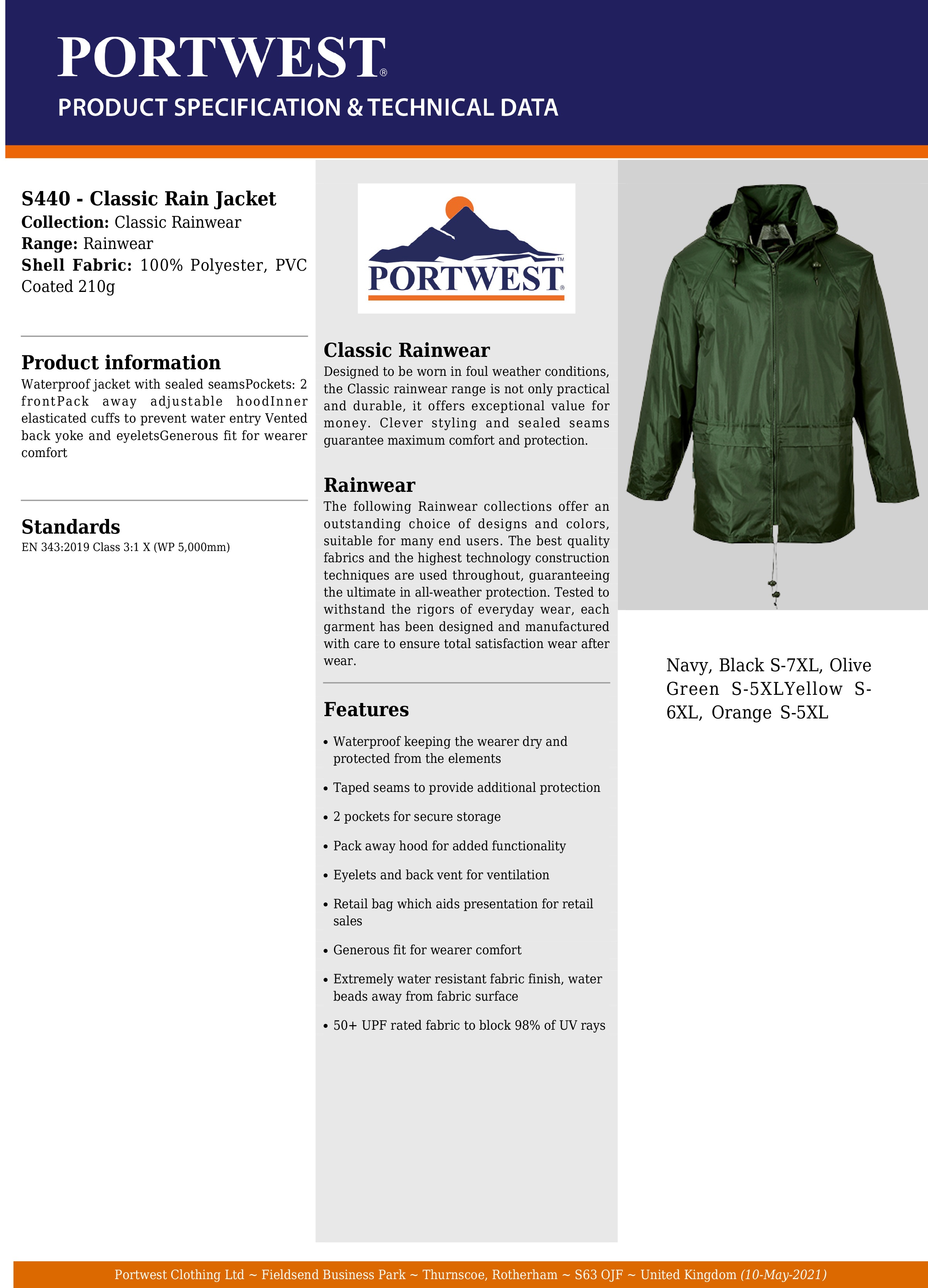 Portwest Classic Rain Coat - Coats & Jackets From Garment Graphixs UK
