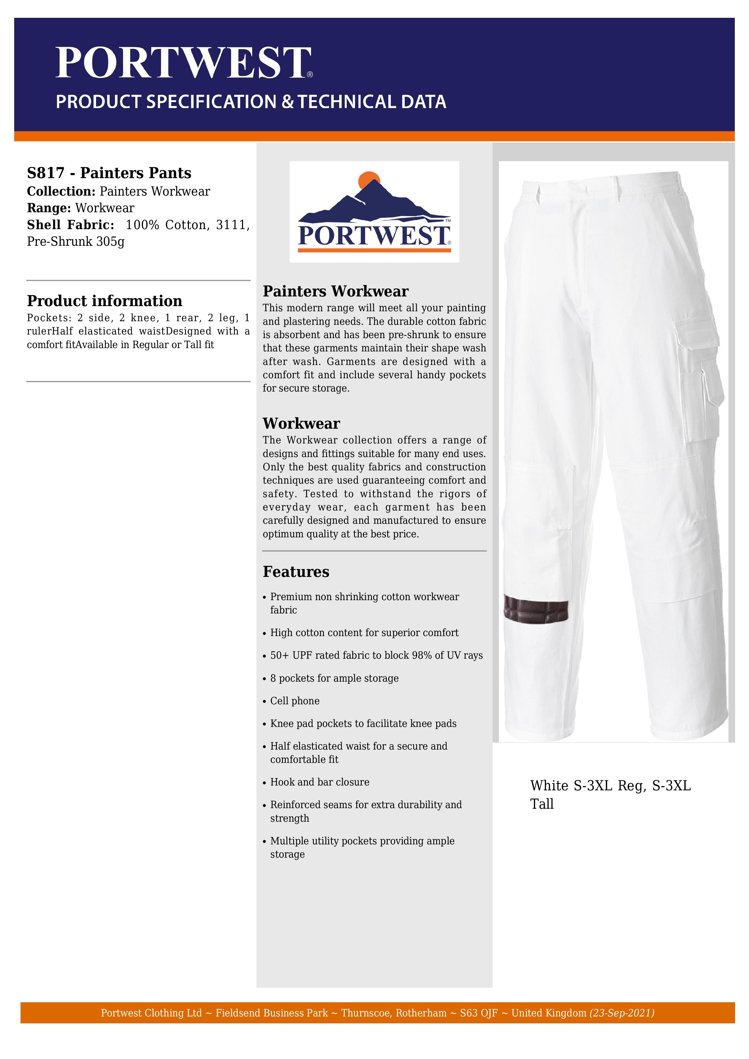 Pantalon De Travail Peinture Portwest S817 - 8 Poches, Renfort Genoux, 100% Coton - Taille XS à 4XL