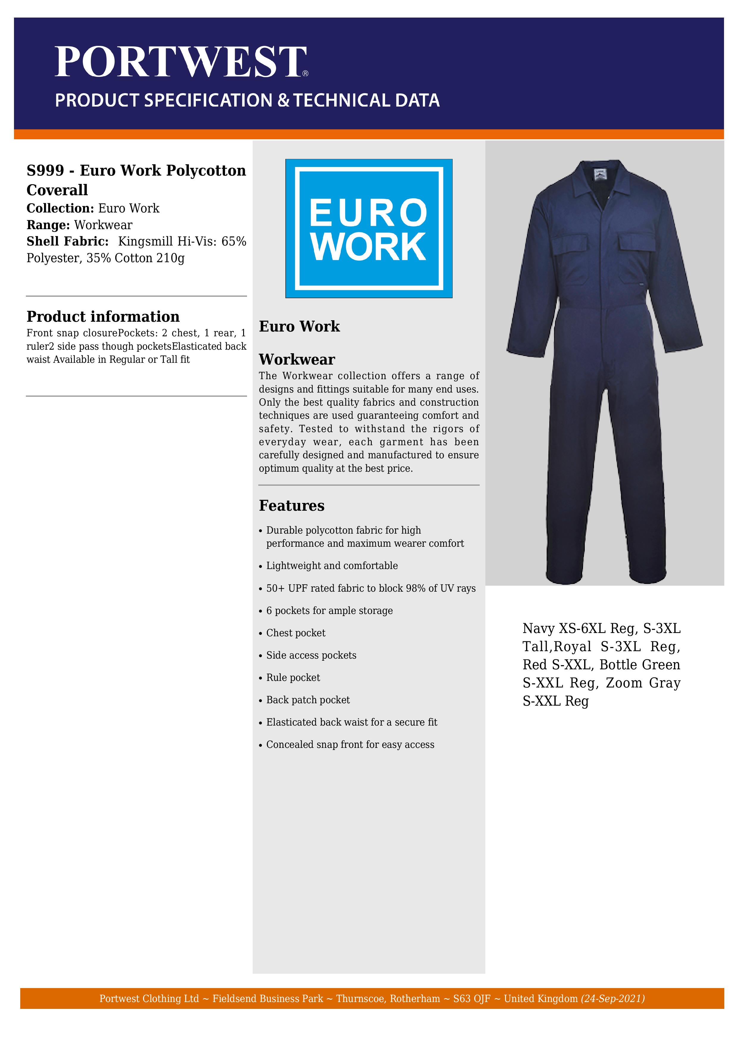 PORTWEST S999 sz M Navy Work Euro Boiler Suit Coverall Overall PPE Mechanic