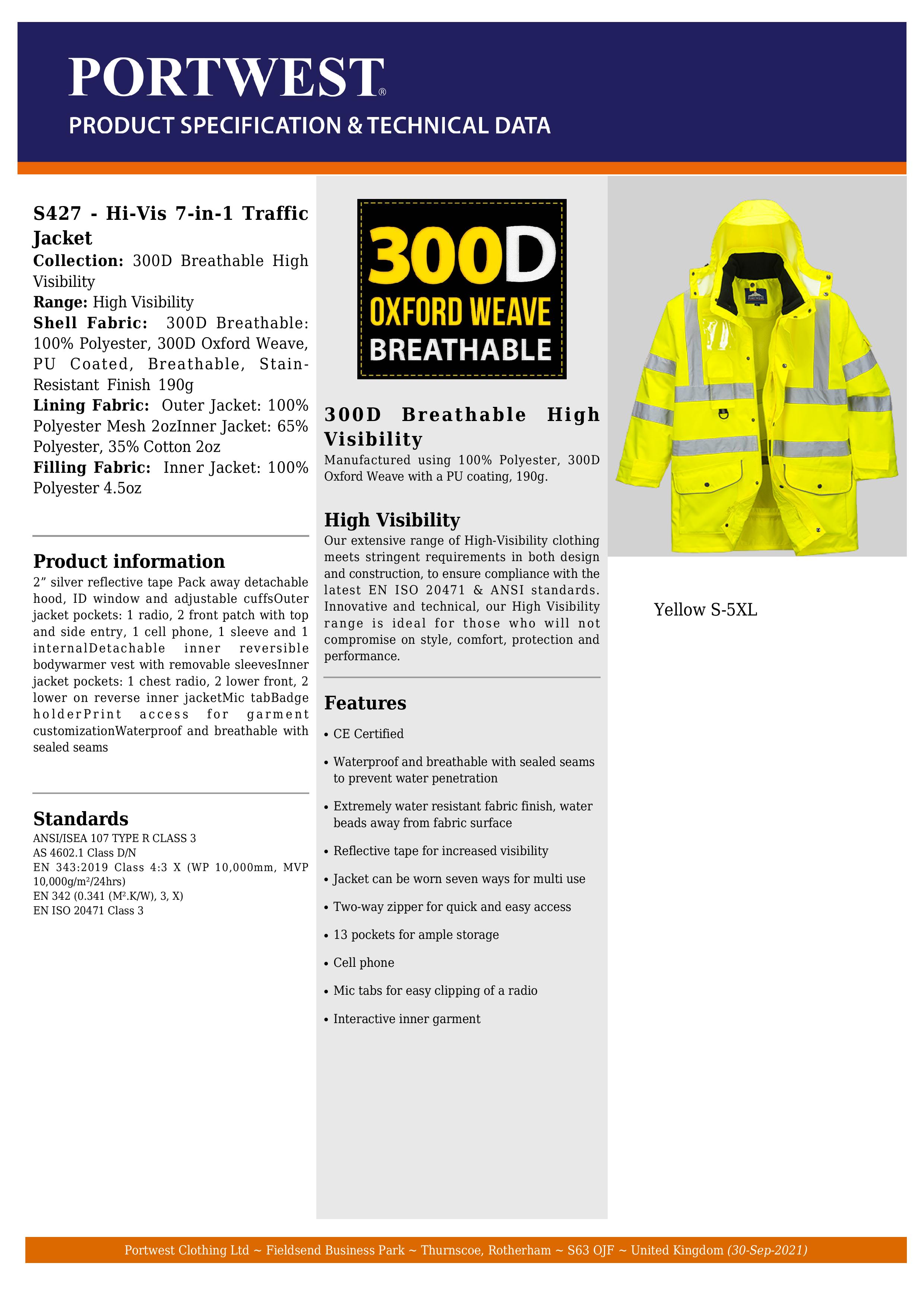 PORTWEST HIGH-VIS 300D TRAFFIC JACKET 7-IN-1 JACKET SIZES S-5XL CLASS 3 US427 