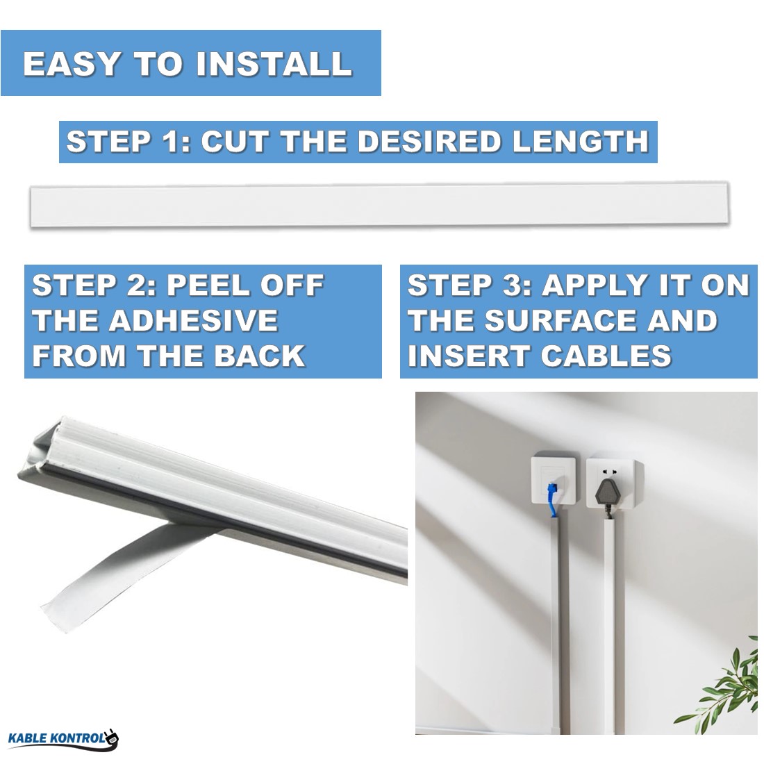 Wire Trak Kable Kontrol® Hinged Wall Cord Cover Cable Raceway - 1.5 W x  .75 H - 6' Length - Paintable PVC - White WC500B